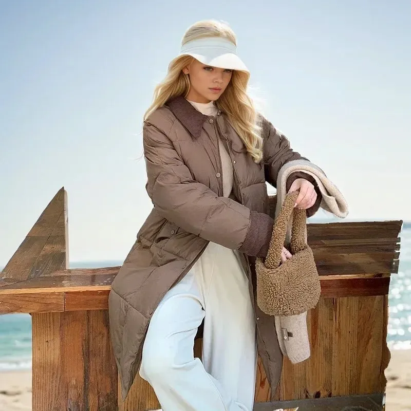 2024 neue Winter Damen Daunen Baumwoll jacke weibliches Revers Kontrast lässig lange Parkas Mäntel Demi-Season Jacke Damen Wintermantel