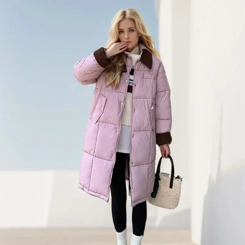 2024 neue Winter Damen Daunen Baumwoll jacke weibliches Revers Kontrast lässig lange Parkas Mäntel Demi-Season Jacke Damen Wintermantel