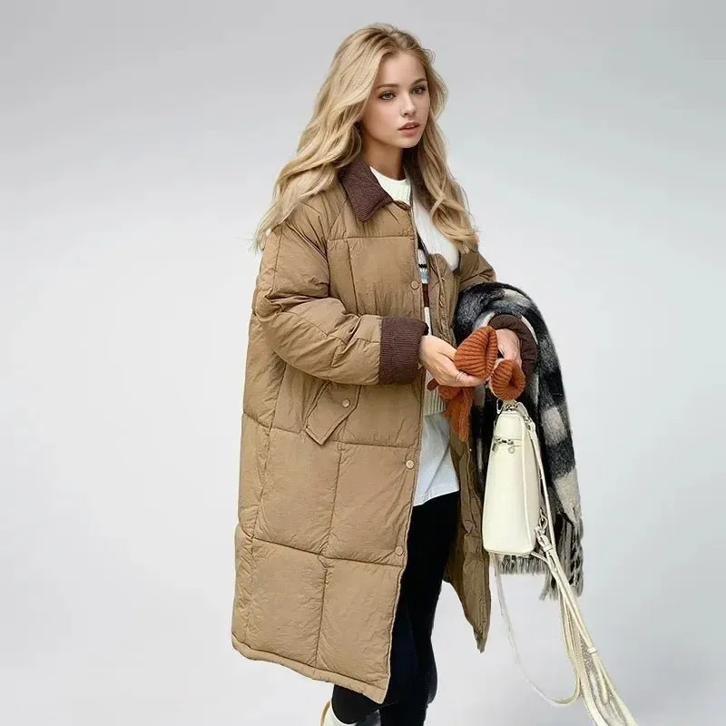 2024 neue Winter Damen Daunen Baumwoll jacke weibliches Revers Kontrast lässig lange Parkas Mäntel Demi-Season Jacke Damen Wintermantel