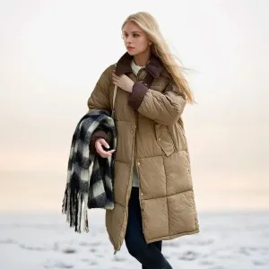 2024 neue Winter Damen Daunen Baumwoll jacke weibliches Revers Kontrast lässig lange Parkas Mäntel Demi-Season Jacke Damen Wintermantel