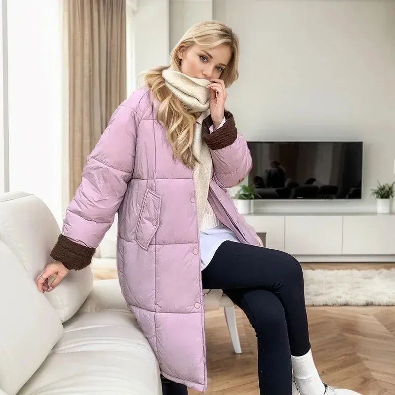 2024 neue Winter Damen Daunen Baumwoll jacke weibliches Revers Kontrast lässig lange Parkas Mäntel Demi-Season Jacke Damen Wintermantel