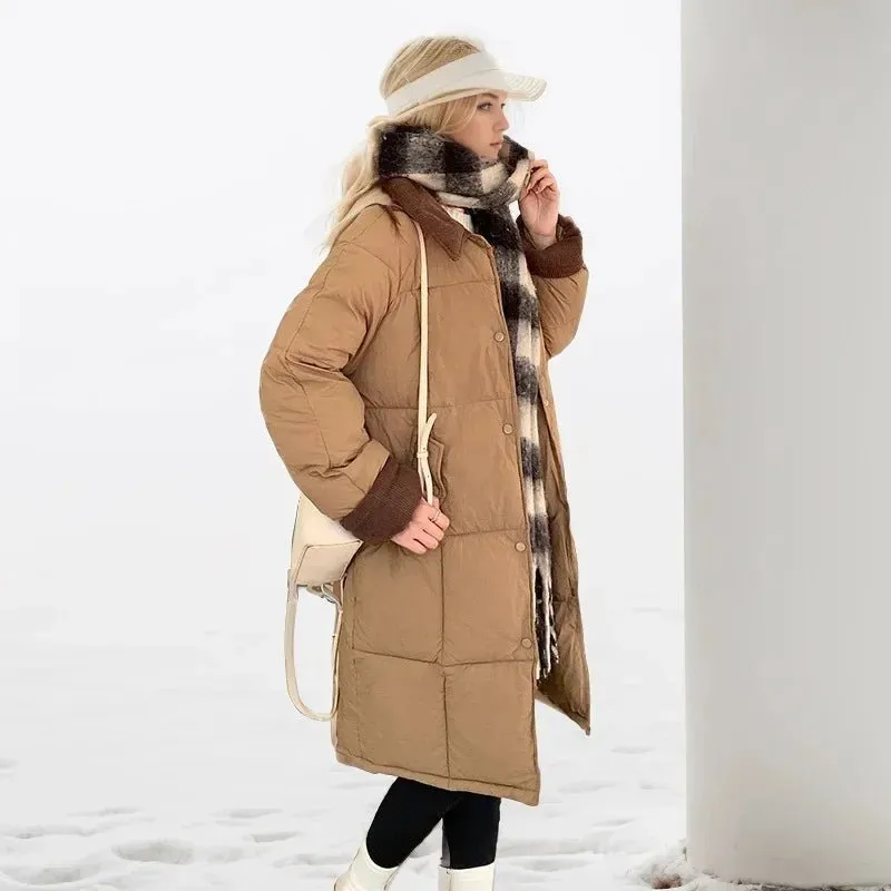 2024 neue Winter Damen Daunen Baumwoll jacke weibliches Revers Kontrast lässig lange Parkas Mäntel Demi-Season Jacke Damen Wintermantel