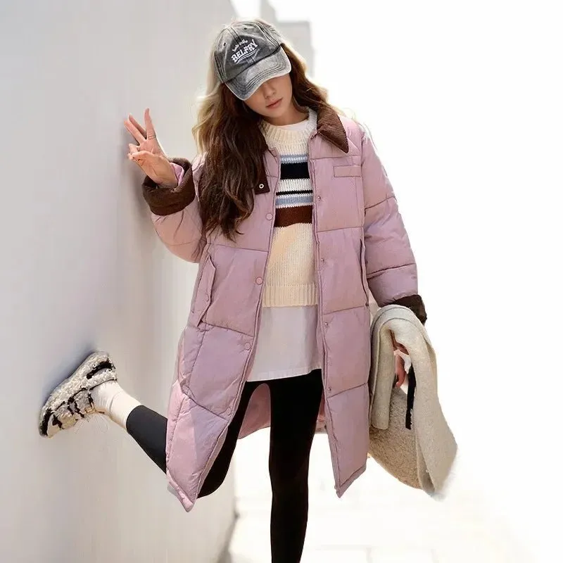 2024 neue Winter Damen Daunen Baumwoll jacke weibliches Revers Kontrast lässig lange Parkas Mäntel Demi-Season Jacke Damen Wintermantel