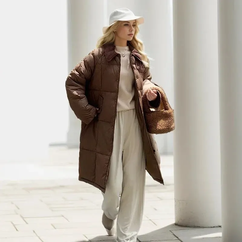 2024 neue Winter Damen Daunen Baumwoll jacke weibliches Revers Kontrast lässig lange Parkas Mäntel Demi-Season Jacke Damen Wintermantel