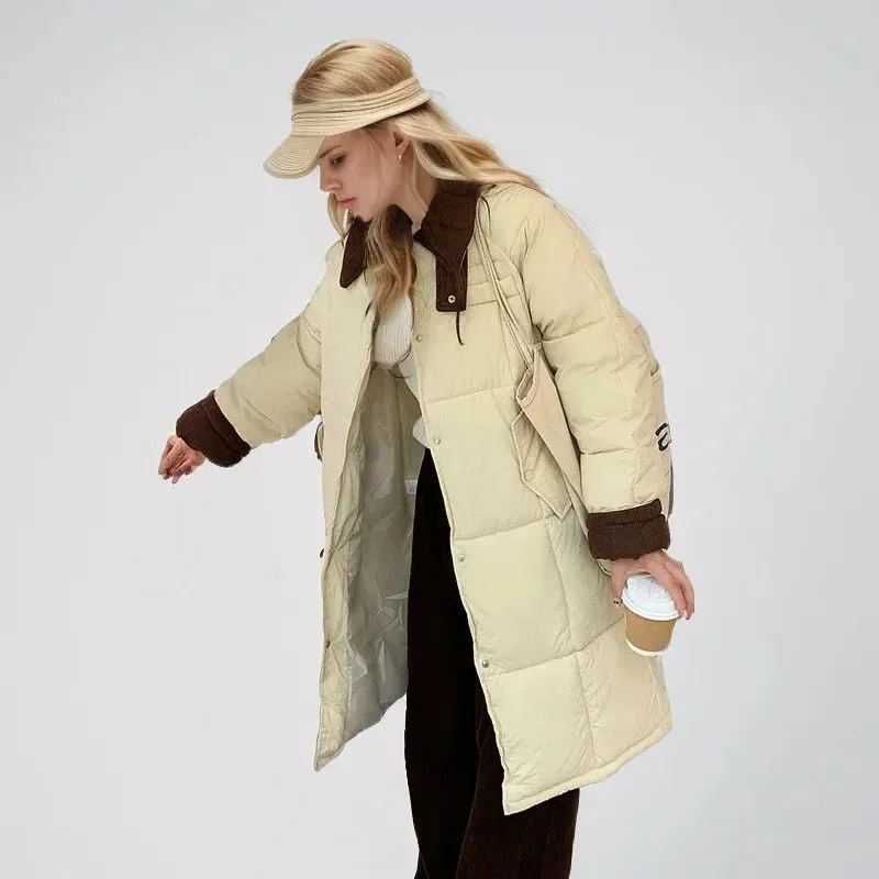 2024 neue Winter Damen Daunen Baumwoll jacke weibliches Revers Kontrast lässig lange Parkas Mäntel Demi-Season Jacke Damen Wintermantel