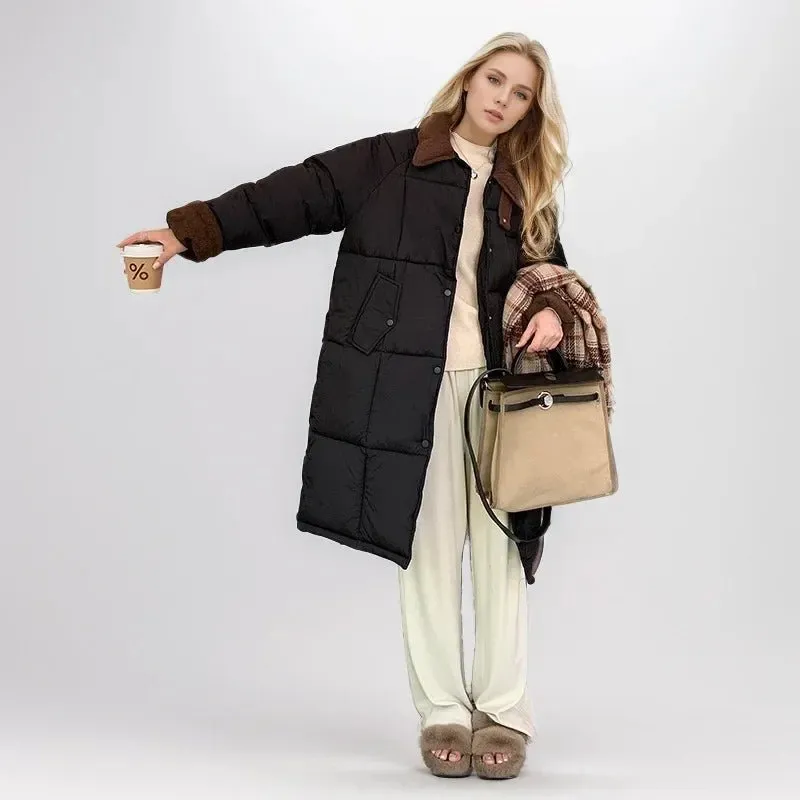 2024 neue Winter Damen Daunen Baumwoll jacke weibliches Revers Kontrast lässig lange Parkas Mäntel Demi-Season Jacke Damen Wintermantel