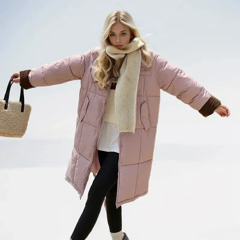 2024 neue Winter Damen Daunen Baumwoll jacke weibliches Revers Kontrast lässig lange Parkas Mäntel Demi-Season Jacke Damen Wintermantel