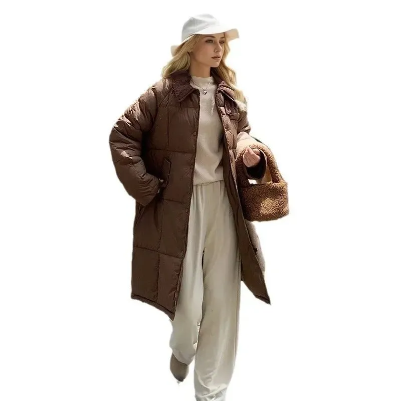 2024 neue Winter Damen Daunen Baumwoll jacke weibliches Revers Kontrast lässig lange Parkas Mäntel Demi-Season Jacke Damen Wintermantel