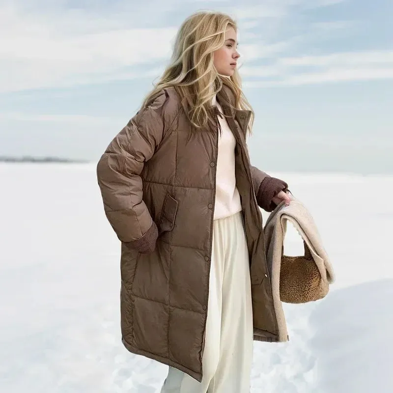 2024 neue Winter Damen Daunen Baumwoll jacke weibliches Revers Kontrast lässig lange Parkas Mäntel Demi-Season Jacke Damen Wintermantel