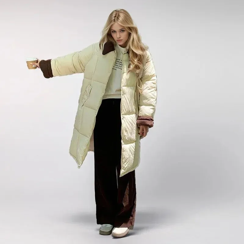 2024 neue Winter Damen Daunen Baumwoll jacke weibliches Revers Kontrast lässig lange Parkas Mäntel Demi-Season Jacke Damen Wintermantel