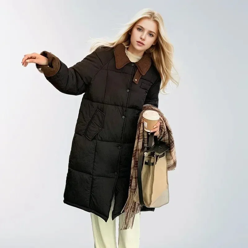 2024 neue Winter Damen Daunen Baumwoll jacke weibliches Revers Kontrast lässig lange Parkas Mäntel Demi-Season Jacke Damen Wintermantel