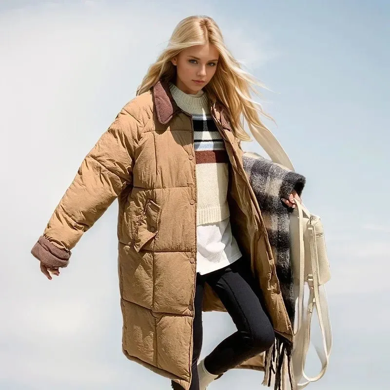 2024 neue Winter Damen Daunen Baumwoll jacke weibliches Revers Kontrast lässig lange Parkas Mäntel Demi-Season Jacke Damen Wintermantel