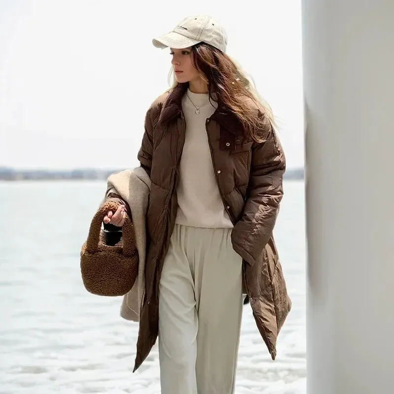 2024 neue Winter Damen Daunen Baumwoll jacke weibliches Revers Kontrast lässig lange Parkas Mäntel Demi-Season Jacke Damen Wintermantel