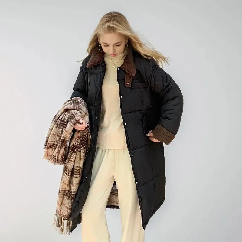2024 neue Winter Damen Daunen Baumwoll jacke weibliches Revers Kontrast lässig lange Parkas Mäntel Demi-Season Jacke Damen Wintermantel