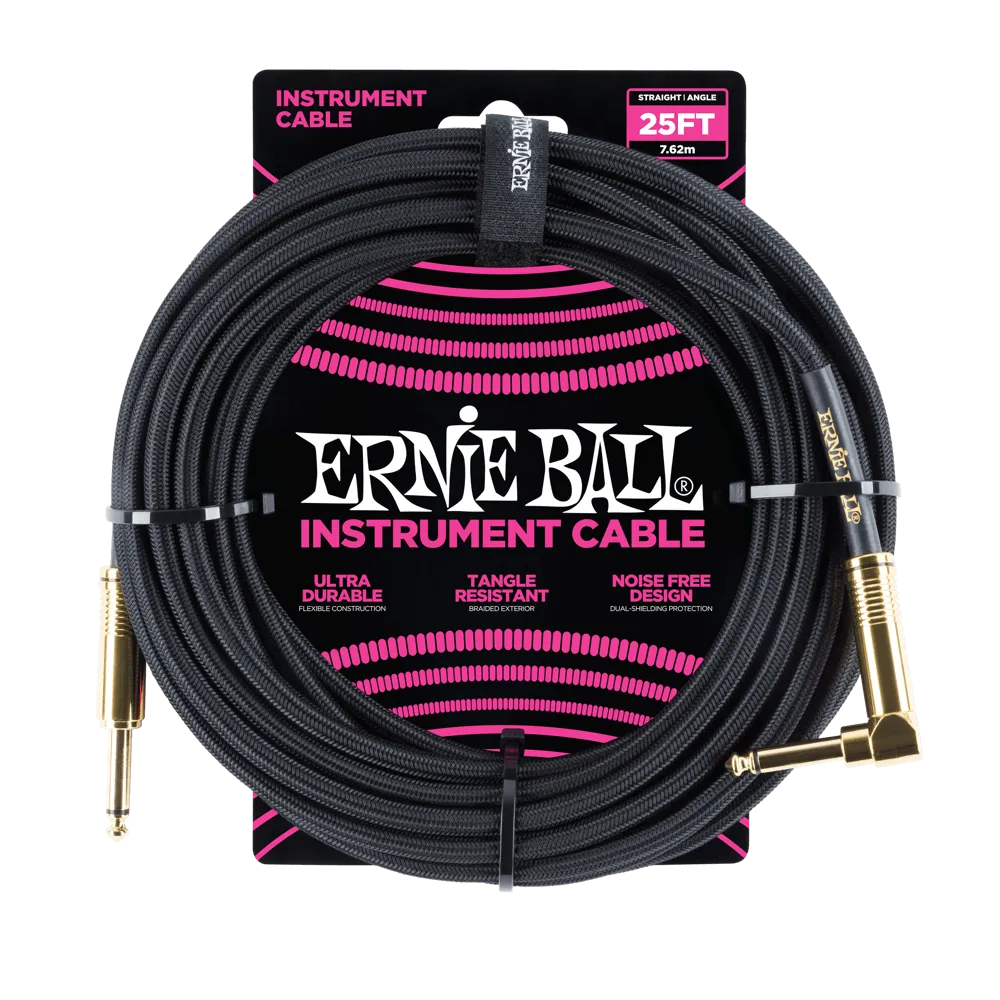 BRAIDED INSTRUMENT CABLE STRAIGHT/ANGLE 25FT - BLACK