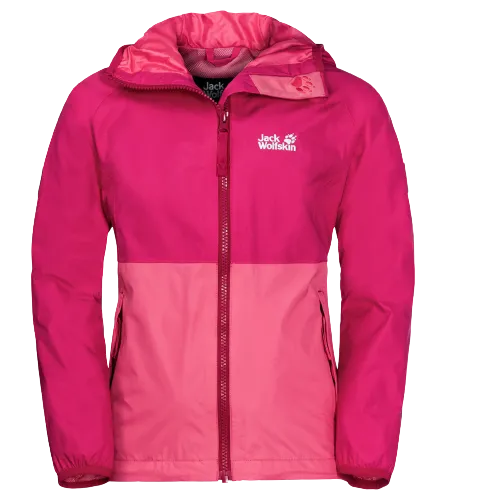 Jack Wolfskin Rainy Day Girls Jacket Pockets High-vis Waterproof Hooded Zip Kids