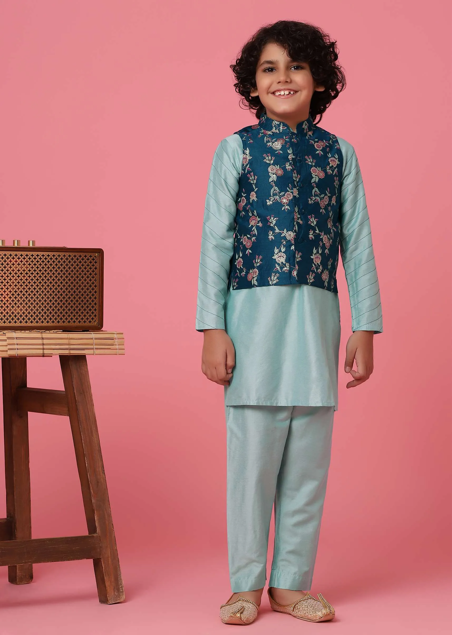 KALKI Printed Navy Blue Jacket And Sky Blue Kurta Set For Boys