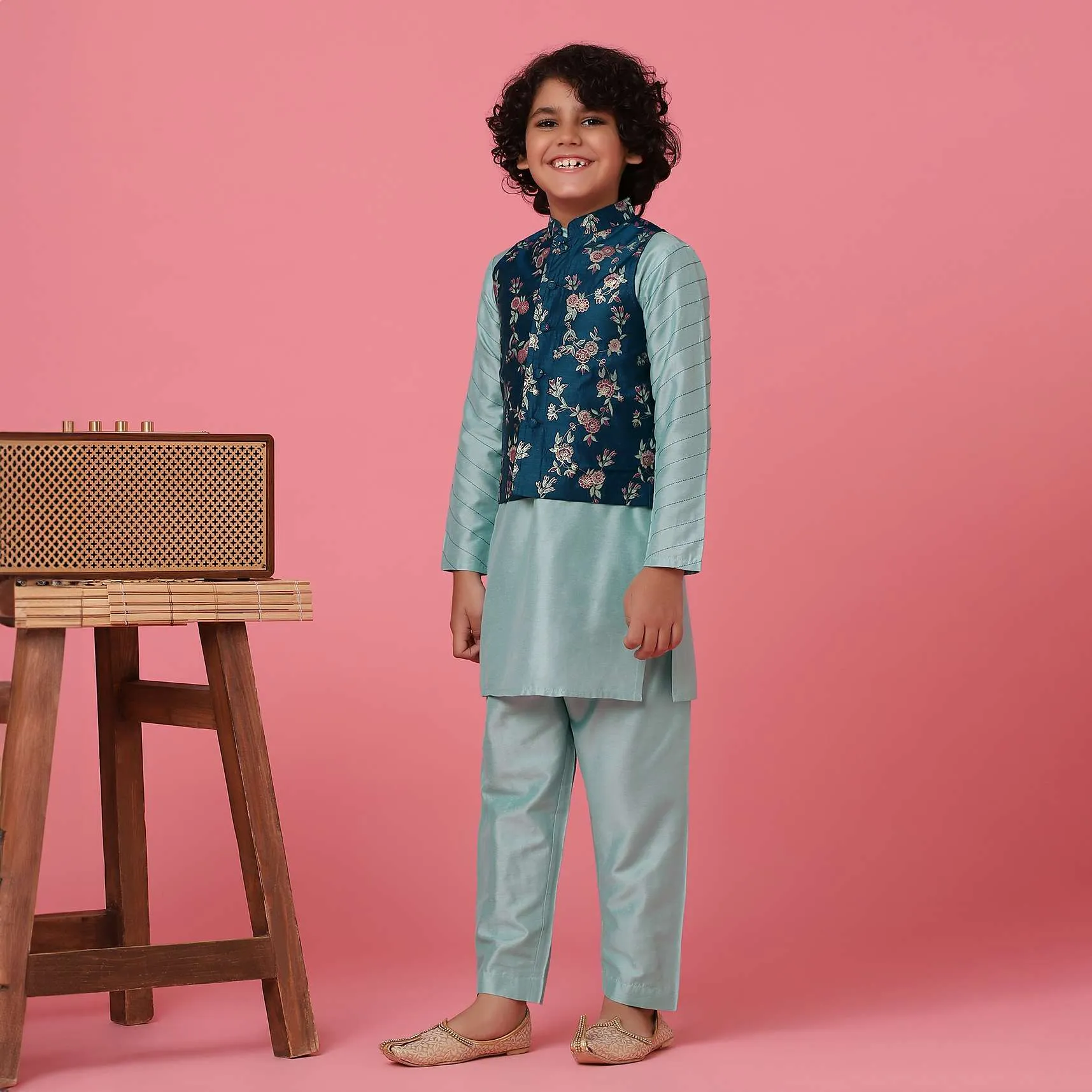 KALKI Printed Navy Blue Jacket And Sky Blue Kurta Set For Boys
