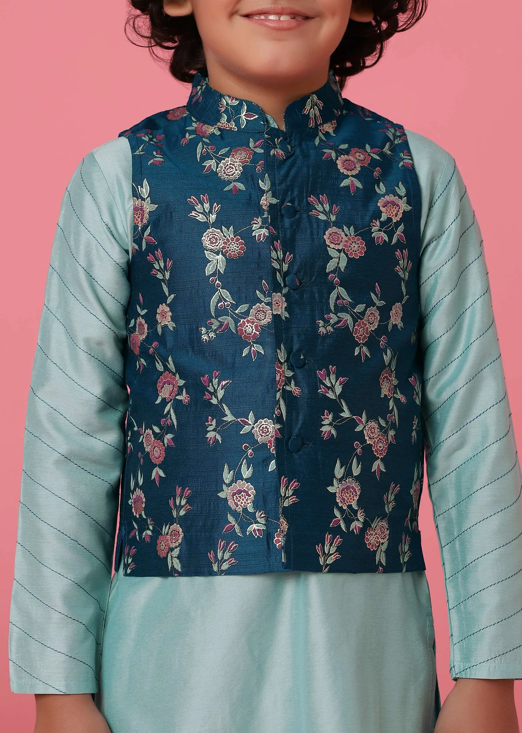 KALKI Printed Navy Blue Jacket And Sky Blue Kurta Set For Boys