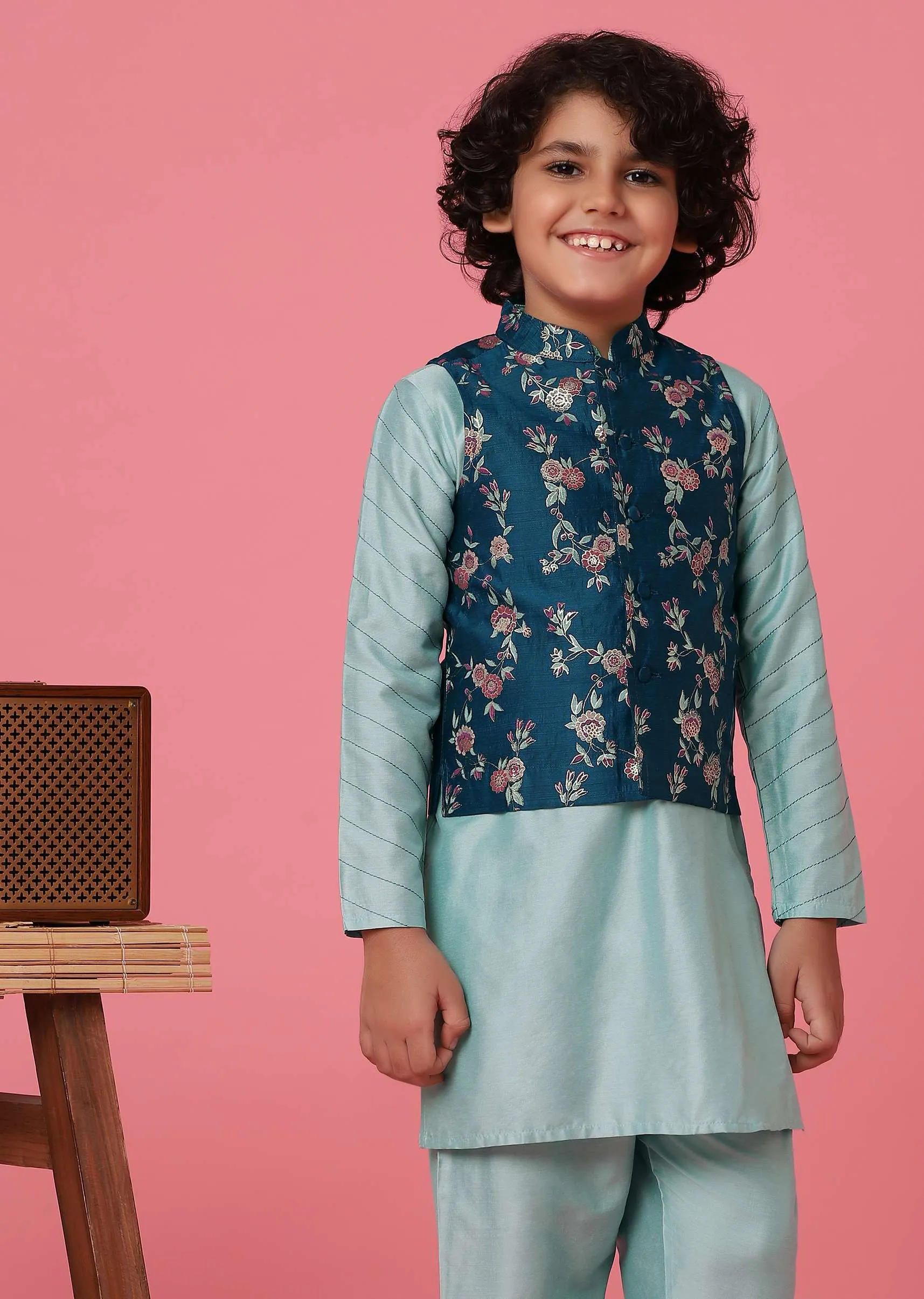 KALKI Printed Navy Blue Jacket And Sky Blue Kurta Set For Boys