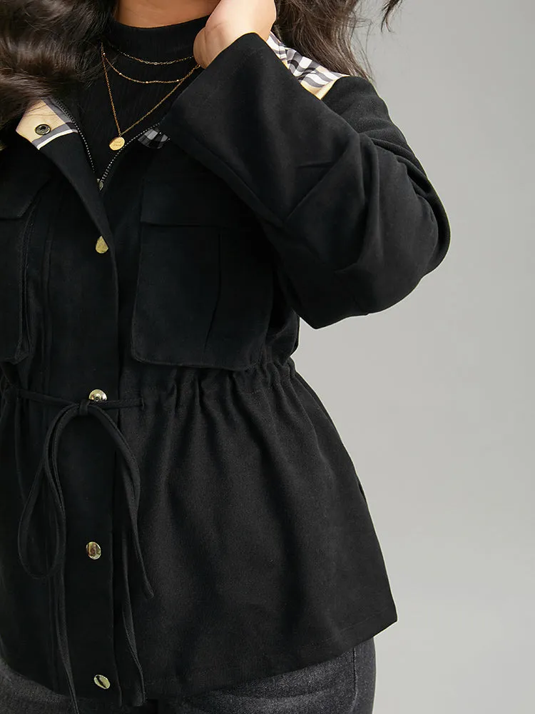 Plaid Patchwork Drawstring Zipper Fly Flap Pocket Coat