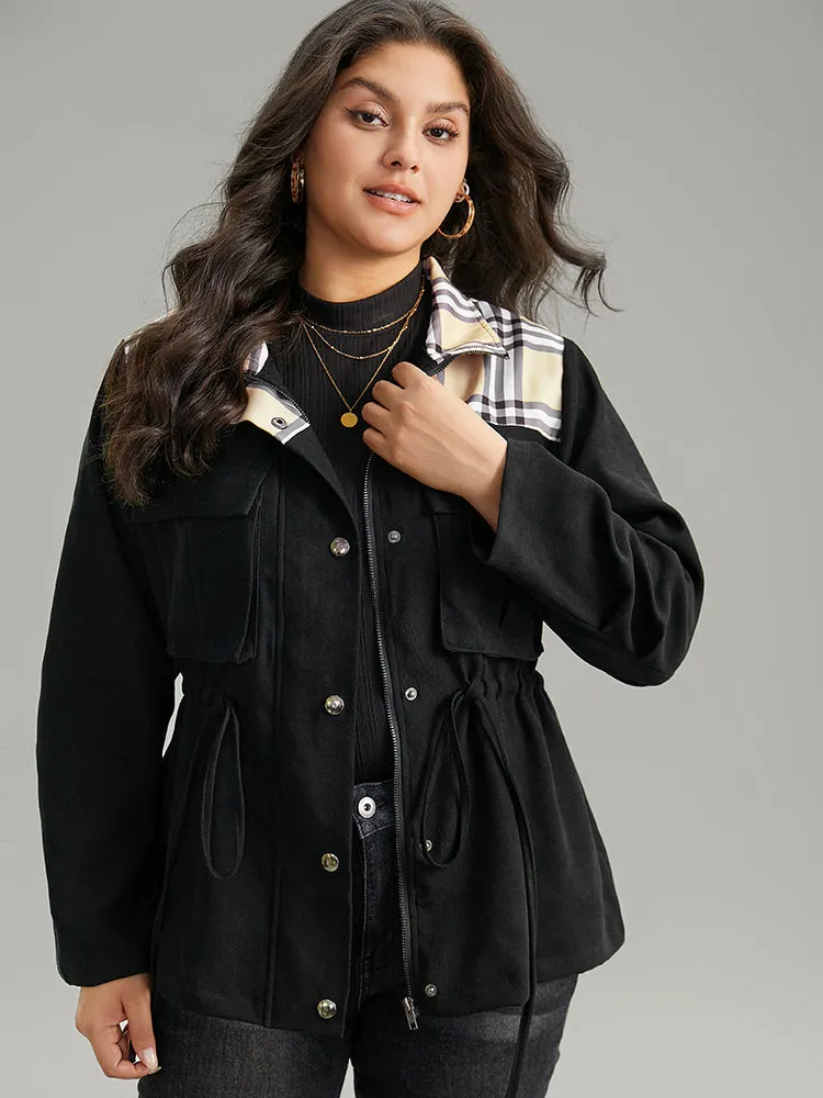 Plaid Patchwork Drawstring Zipper Fly Flap Pocket Coat