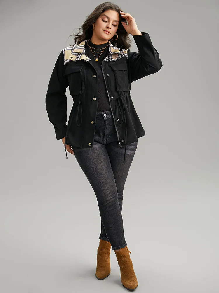 Plaid Patchwork Drawstring Zipper Fly Flap Pocket Coat