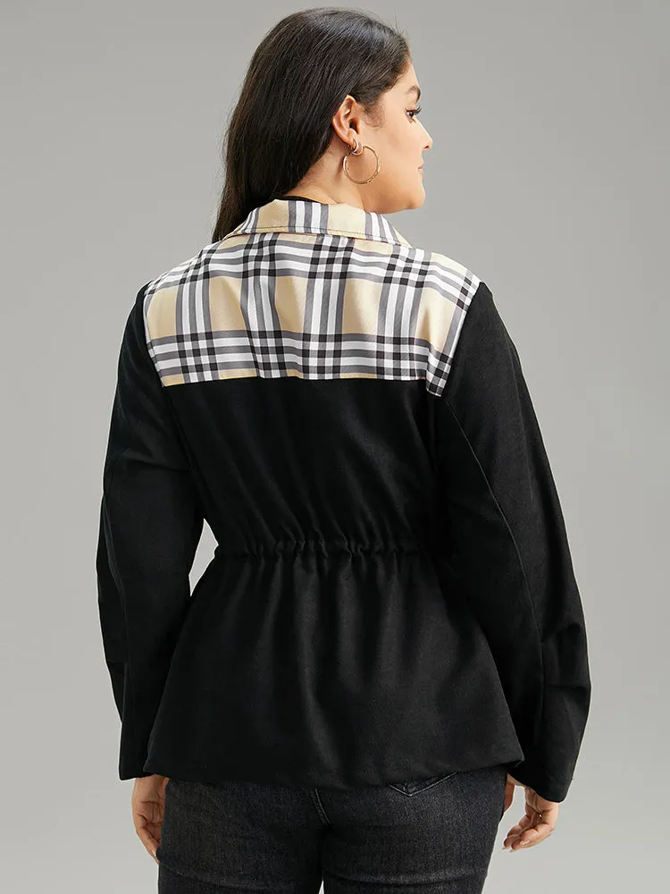 Plaid Patchwork Drawstring Zipper Fly Flap Pocket Coat