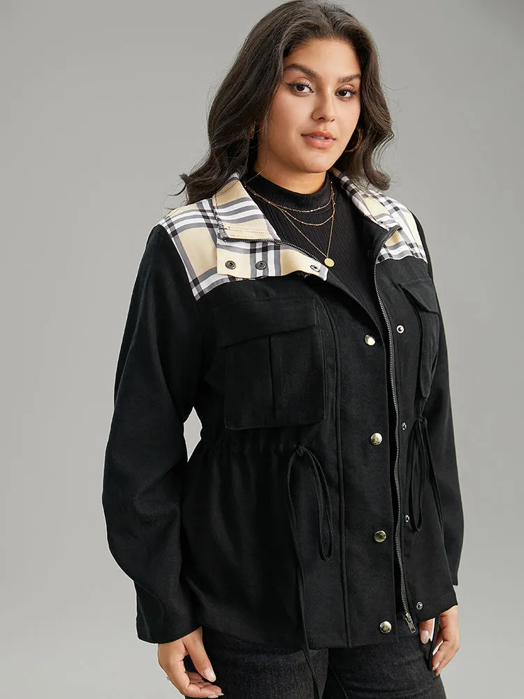 Plaid Patchwork Drawstring Zipper Fly Flap Pocket Coat