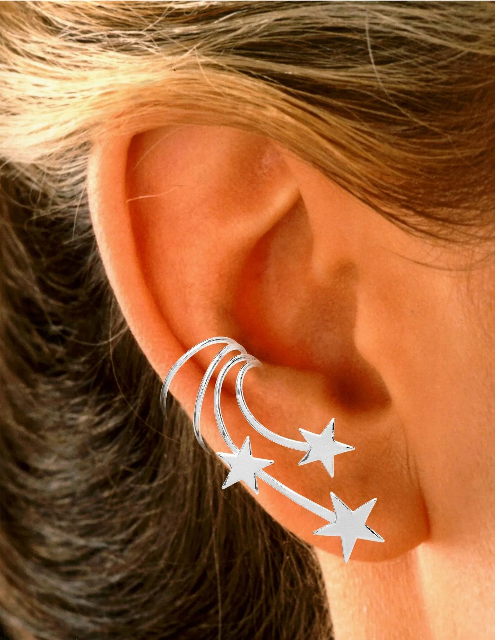 Shooting Star Long Wave 3 Star Ear Cuff