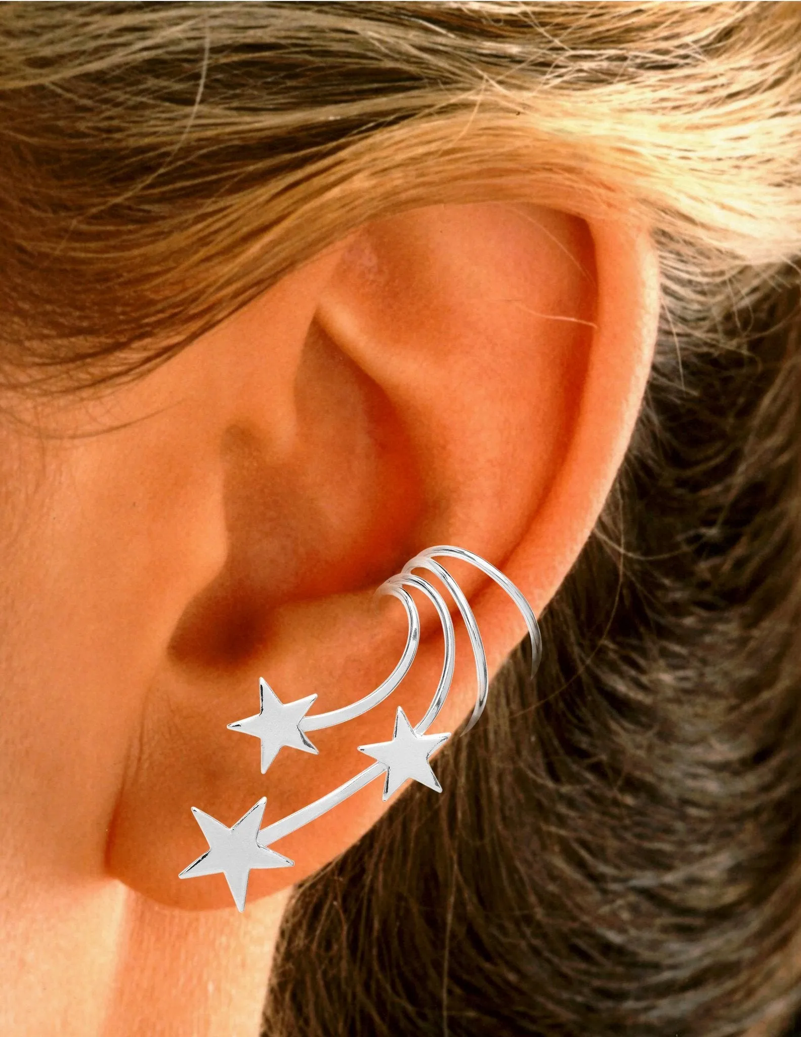 Shooting Star Long Wave 3 Star Ear Cuff
