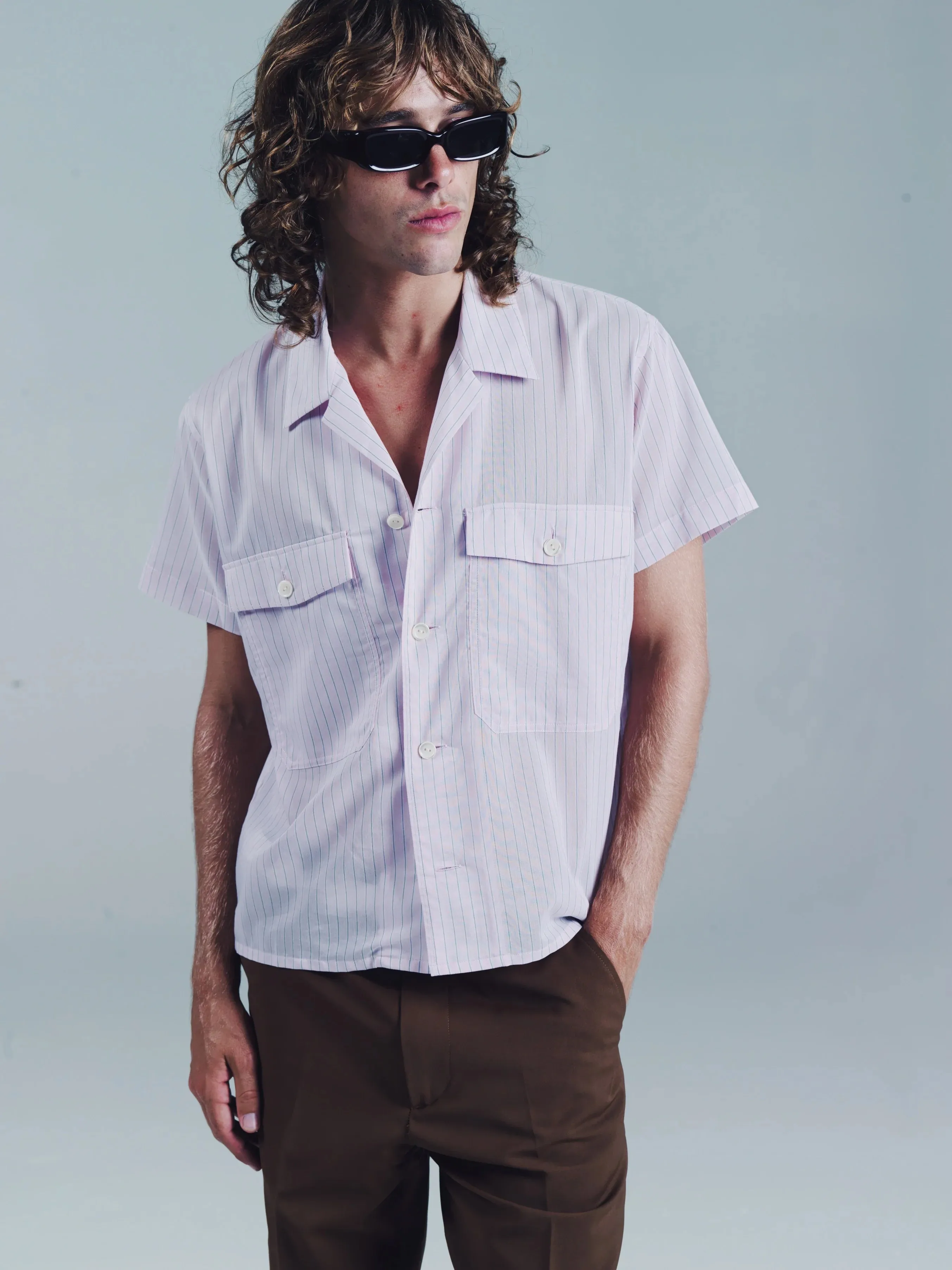 SS OPEN COLLAR SHIRT | PINK STRIPE