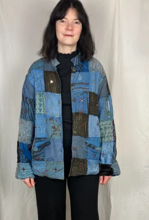 Vintage 90s Blue Patchwork Embroidered Jacket - Up to Size 14